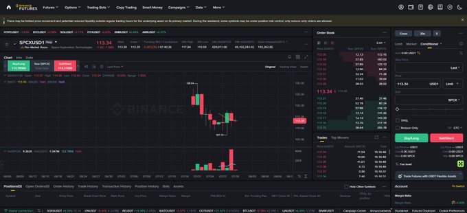 The image shows the Binance Futures trading interface for the newly launched $SPCX perpetual contract (a synthetic SpaceX exposure) settled in USD1, currently priced at 113.34, with market data, order book details, and a position size suggestion of 9.3% visible on the dashboard.