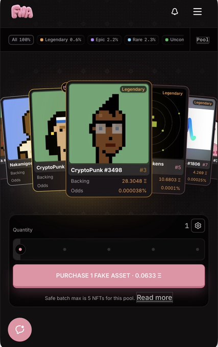 The image shows the Fake Rarity Maker (FWA) marketplace displaying CryptoPunk #3498 (a Legendary tier item) priced at 0.0633 ETH, supporting the post's claim about the inexpensive acquisition opportunity mentioned with the $FWA token.