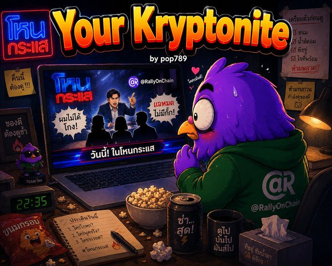 A vibrant digital illustration titled 'Your Kryptonite by pop789' features a panicked purple bird character in a green 'RallyOnChain' hoodie watching a laptop screen with Thai text, surrounded by popcorn, energy drinks, and notes.