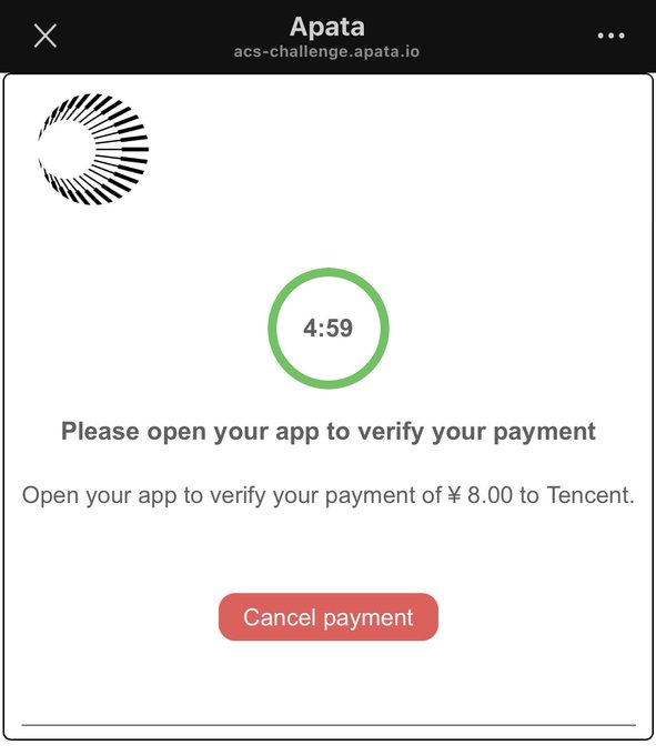 A screenshot of a payment verification screen for 'Apata' at 'acs-challenge.apata.io', showing a countdown of '4:59' and a prompt to verify a payment of ¥8.00 to Tencent, with a 'Cancel payment' button.