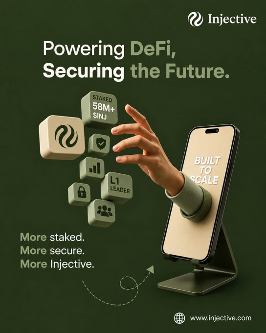 A promotional graphic for Injective featuring a hand reaching from a phone screen holding various icons, with text 'Powering DeFi, Securing the Future' and '58M+ $INJ STAKED'.