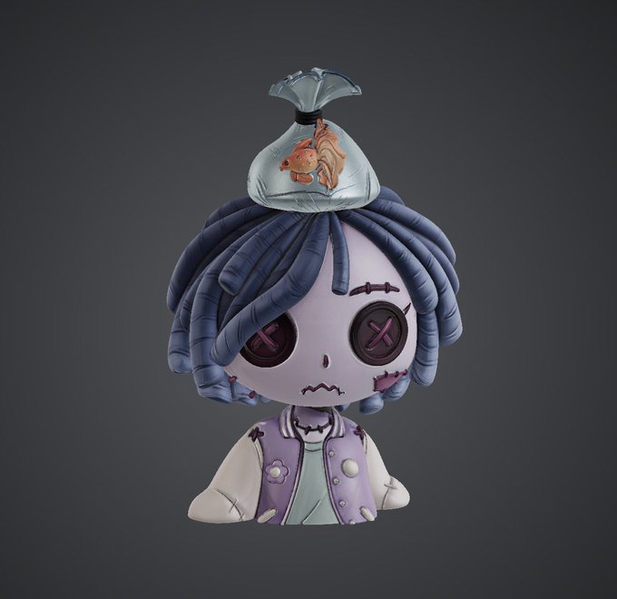 3D rendered character with purple button eyes (resembling Coraline), blue braided hair, and a tied bag containing a goldfish balanced on its head, set against a dark background.