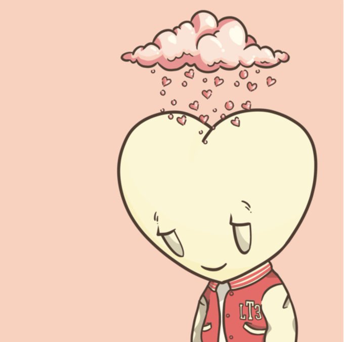 A cute cartoon character with a heart-shaped head looks up blissfully as pink clouds rain tiny hearts and sparkles down onto them, evoking the hopeful optimism of the post's prediction that NFTs will make a triumphant return. The character wears a red varsity jacket marked "LT3."