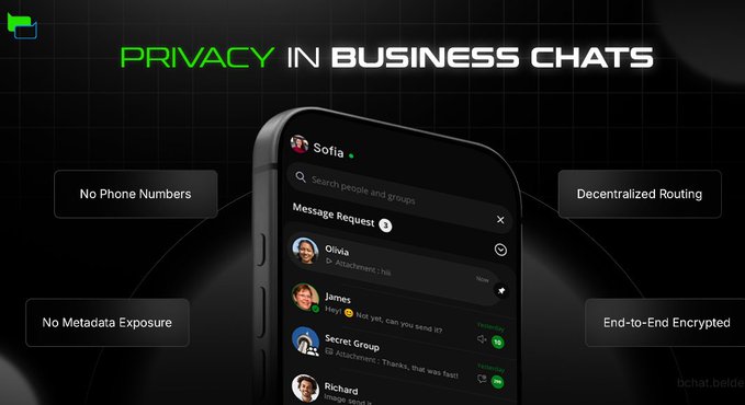 A promotional graphic for a privacy-focused messaging app titled 'PRIVACY IN BUSINESS CHATS' highlighting features like no phone numbers, decentralized routing, end-to-end encryption, and no metadata exposure.