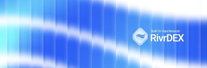 A blue gradient banner with vertical light streaks displaying a logo and the text 'Built On Vara Network RivrDEX'.