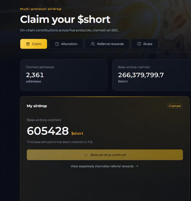 A dark-themed dashboard for claiming a '$short' multi-protocol airdrop on BSC, showing 2,361 claimed addresses and an individual base airdrop of 605,428 $short marked as claimed.