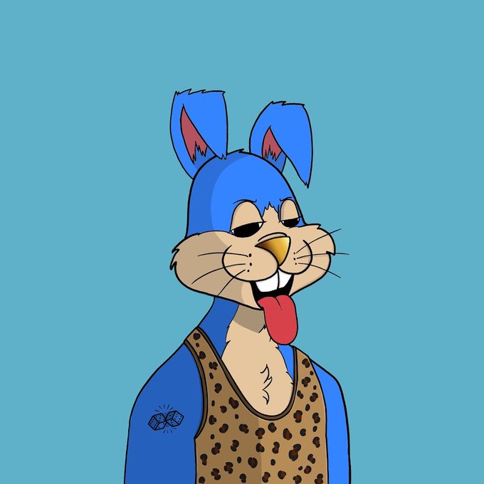 A cartoon illustration of a blue rabbit character wearing a leopard-print tank top, smiling with its tongue out against a light blue background.