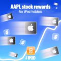 A promotional graphic for iPod with the header "AAPL stock rewards for iPod Holders" showing several silver iPods arranged on a blue background.
