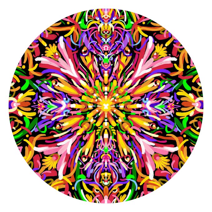 A vibrant, kaleidoscopic circular mandala bursts with symmetrical floral and abstract patterns in bright pinks, yellows, purples, greens, and oranges against a black background. The image visually aligns with the post as a colorful piece from the artist's new digital collection, showcasing the intricate, multicolored designs they are developing.