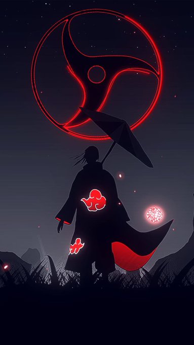 Anime-style illustration of Itachi Uchiha from Naruto standing with his Akatsuki cloak, his Sharingan glowing red beneath a large red Mangekyo Sharingan moon symbol.