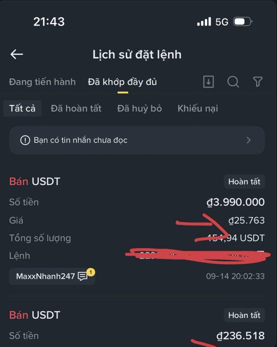 A Vietnamese order history screen showing a completed 'Bán USDT' transaction for d3.990.000 at price d25.763, with an edited/redacted order line.