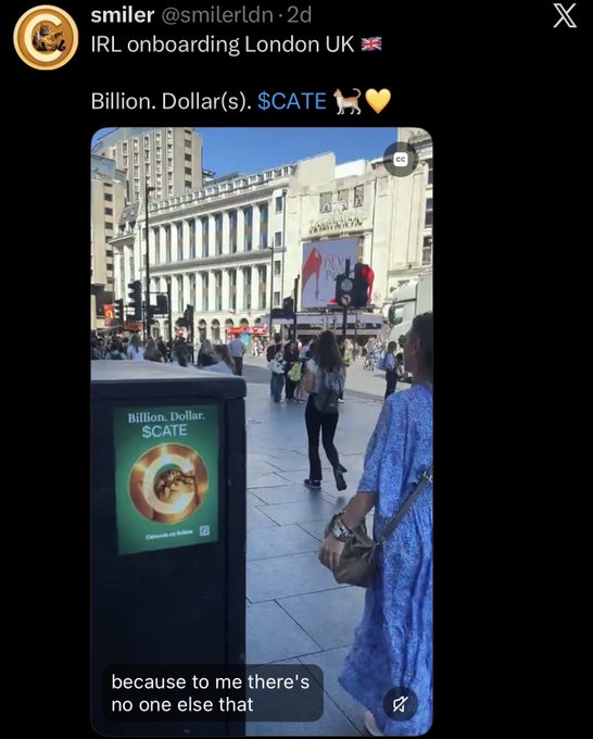 A street-level advertisement for "Billion. Dollar(s). $CATE" displayed on a public board in London, with pedestrians walking by in front of a large building featuring cinema signage. The image shows the $CATE token being promoted in a high-traffic urban area, supporting the post's claim that the community has its branding prominently displayed in major cities.