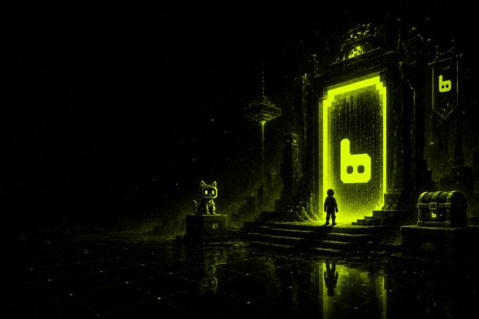 A dark, cyberpunk-style digital illustration features a glowing green portal displaying a "b" logo, with a small silhouetted figure and cat standing before it on a reflective surface.