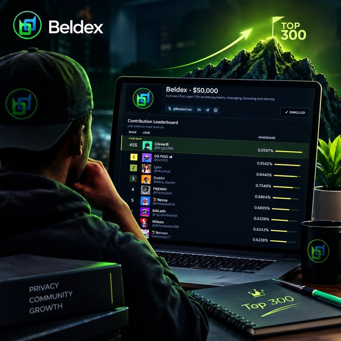 An advertisement for "Beldex" showing a person in a cap and hoodie looking at a laptop screen displaying a "Contribution Leaderboard" and "Beldex - $50,000" tier, with a "Top 300" mountain graphic in the background.