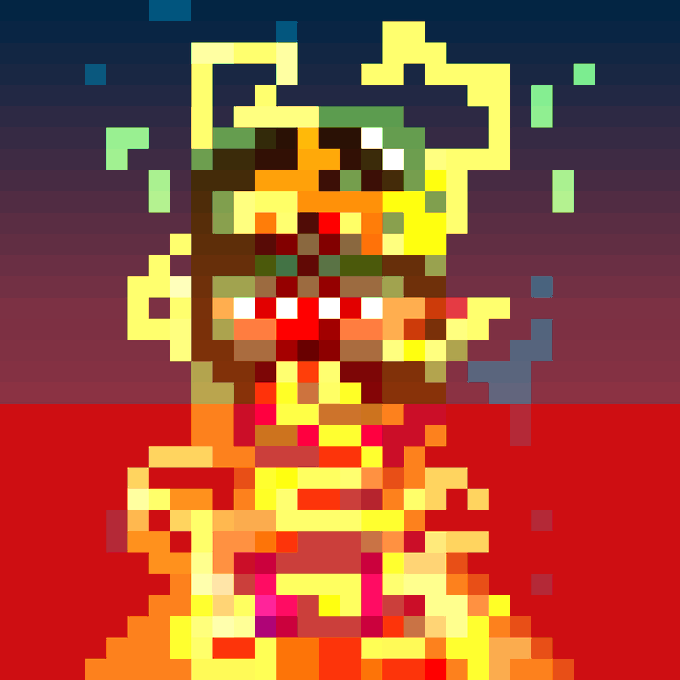 A low-resolution, pixelated illustration of a horned, monstrous figure with a red background.