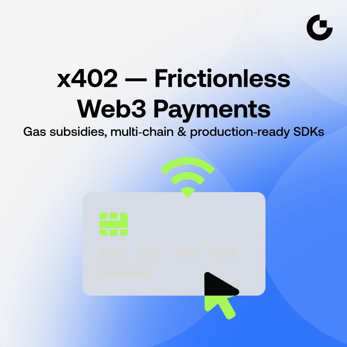 A promotional graphic for "x402 — Frictionless Web3 Payments" featuring a credit card icon with a Wi-Fi symbol and cursor, on a blue and white gradient background.