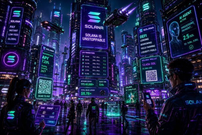 The image features a group of people standing in front of buildings with neon signs, including one that reads "Solana". There are two people holding up their phones, possibly taking photos or sharing information about the Solana cryptocurrency. The text on the sign is green and purple, which could be related to the Solana logo or simply the color scheme used for the building's exterior.

The image also includes a post that says "Solana everywhere." This phrase is likely meant to emphasize the prominence of the Solana cryptocurrency in the scene.