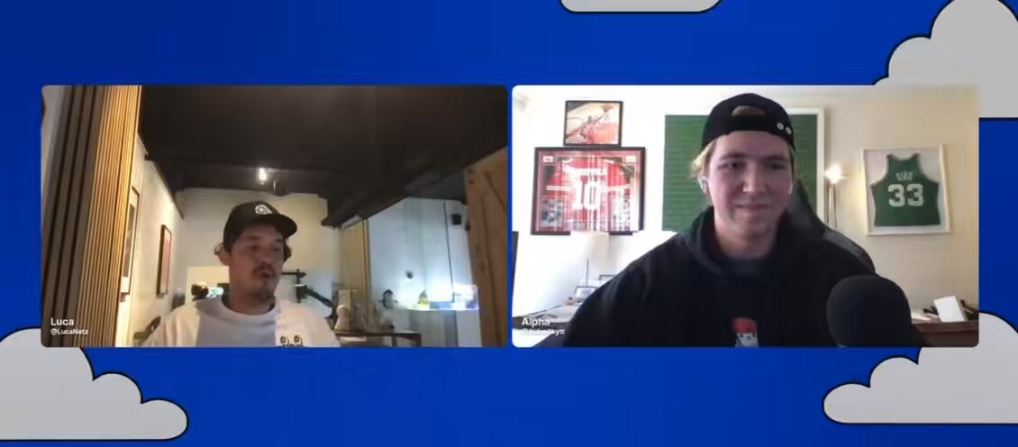 The image shows two men wearing baseball caps sitting next to each other with their mouths open as if they are talking or recording a video call. The background features a blue sky with white clouds, giving an impression of a cloudy day. There is also a poster visible in the scene that reads "pudgy penguins isn't slowing down during the bear market". This phrase suggests that the men might be discussing the current state of the economy or sharing their thoughts on the stock market's performance.

The image seems to be related to a post about the stock market, as indicated by the caption provided. The two men in baseball caps appear to be engaged in conversation or recording a video call, possibly discussing the financial news or events that have taken place recently.