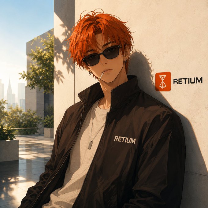 An anime-style illustration shows a young man with messy orange hair, sunglasses, and a cigarette in his mouth, wearing a black jacket with 'RETIUM' branding on it, leaning against a wall in an urban setting.