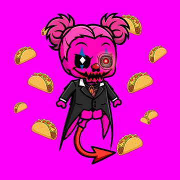 A cartoon devil character with pink pigtails and a demonic skull face appears surrounded by floating tacos on a bright pink background, matching the "Taco Tuesday" theme with demonic "fiesta minting day" energy. The image reinforces the post's playful, skull-and-taco aesthetic while promoting the Re-Animated Dead and Hood Bombs NFT collections.