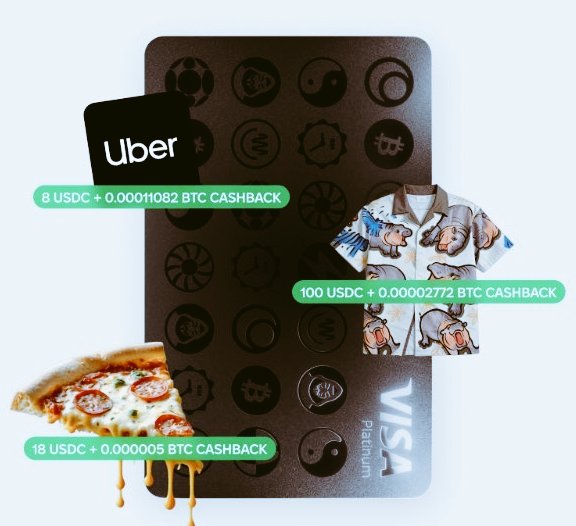The image features a black wallet with various symbols and logos, including a pizza slice, a USB keypad, and a Bitcoin symbol. The wallet also displays the words "UBSDC + 001BTC Cashback" and "Visa". The wallet is placed on top of a credit card that says "PLAZA VISA".