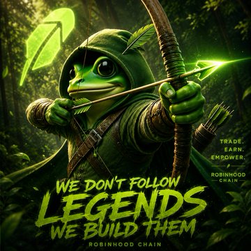 Promotional graphic for Robinhood Chain featuring an anthropomorphic green frog archer, with the tagline 'WE DON'T FOLLOW LEGENDS, WE BUILD THEM' and 'Trade, Earn, Empower'.