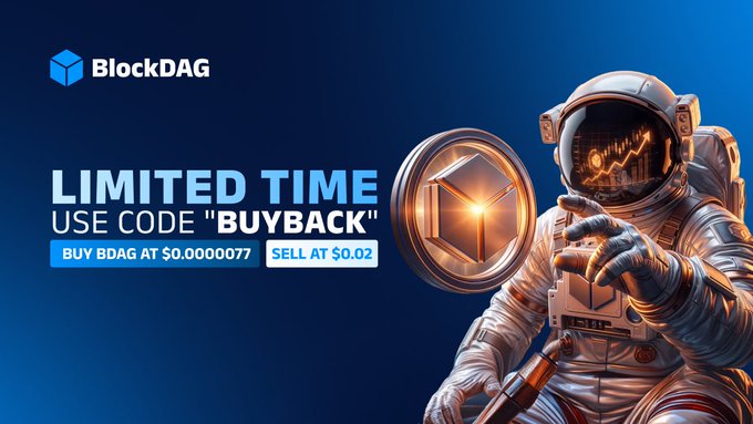 This image promotes a limited-time offer from BlockDAG, encouraging users to "BUY BDAG AT $0.0000077" and "SELL AT $0.02" using the code "BUYBACK." The astronaut imagery and chart reflection in the helmet allude to potential growth and opportunity in the crypto market.