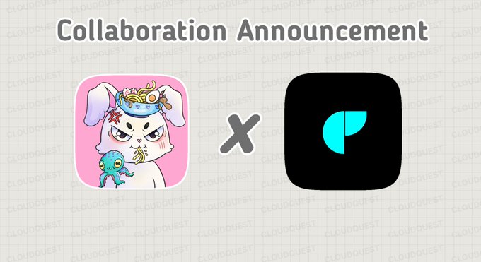 A graphic reading 'Collaboration Announcement' featuring two app icons separated by an 'x': a pink cartoon character app on the left and a black 'P' logo on the right, on a 'CLOUDQUEST' patterned background.