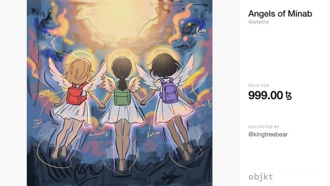 An NFT listing titled 'Angels of Minab' by @artelinz, showing three winged girls holding hands against a colorful background, sold for 999.00 Tezos, collected by @kingtreebear, on objkt.