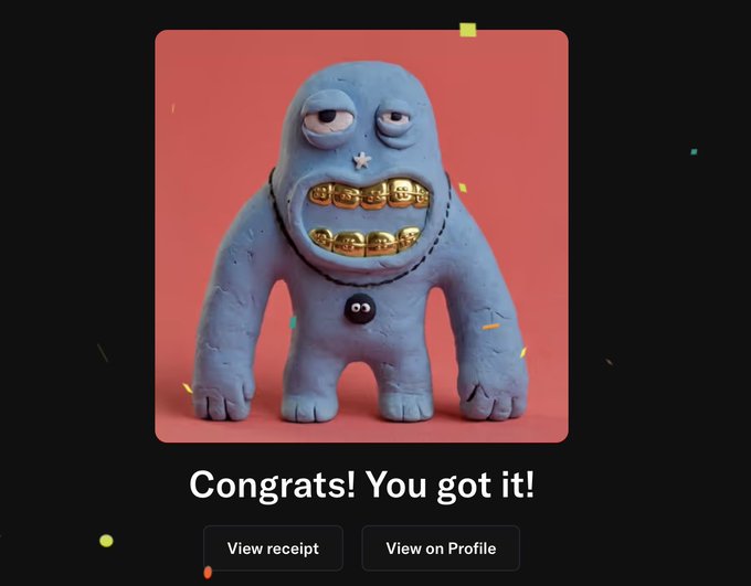 Digital collectible congratulating the user with 'Congrats! You got it!' message, featuring a blue cartoon monster with gold grills and options to view receipt or profile.