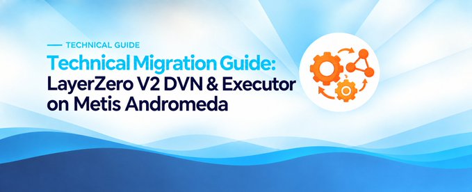 A technical guide banner titled "Technical Migration Guide: LayerZero V2 DVN & Executor on Metis Andromeda" featuring an orange gear-and-network icon, corresponding to Stargate's announcement about LayerZero's default DVN and Executor winding down on Metis Andromeda by October 30 and instructing users to update their V2 configurations.