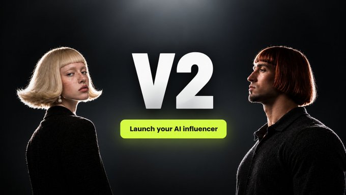 A promotional graphic featuring two AI-generated characters—a blonde woman and a red-haired man in dark clothing—flank large "V2" text and a green "Launch your AI influencer" button, advertising the launch of Higgspad V2, a platform where users can create and monetize AI characters.