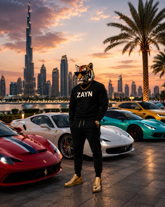 An AI-generated image of a tiger-headed figure wearing a 'ZAYN' black hoodie, standing among luxury sports cars with the Dubai skyline at sunset in the background.