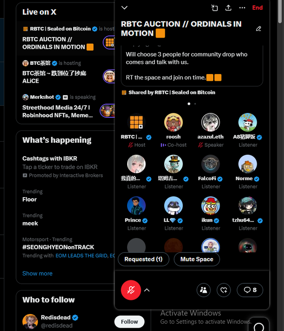 A screenshot of an X (Twitter) Live Space hosted by 'RBTC | Sealed on Bitcoin' titled 'RBTC AUCTION // ORDINALS IN MOTION 🟧' with participants including RBTC, roosh, azazul.eth, A站牌饭, and others as host, co-host, speakers, and listeners.