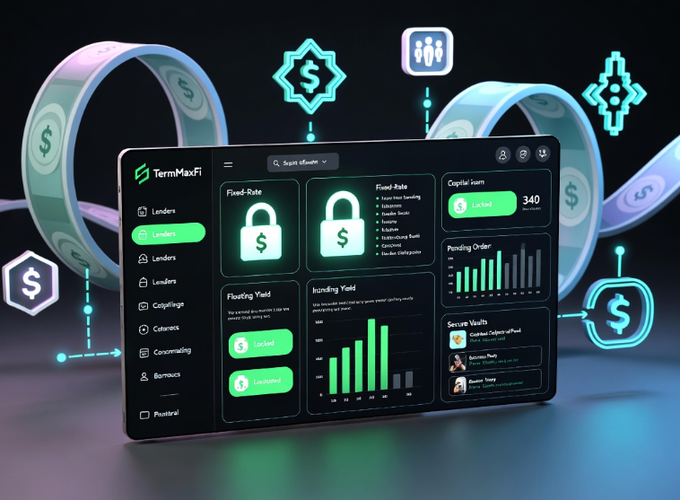 A futuristic dark-themed TermMaxFi dashboard titled "TermMaxFi" displays lending interface panels including "Fixed-Rate" and "Fixed-Rate" with padlock icons, a "Floating Yield" section, "Rounding Yield" bar charts, a "Pending Order" panel showing 340, and a "Secure Wallets" feature, all surrounded by glowing teal dollar sign icons and chains. The image visually represents the post's description of TermMaxFi's new lending limit orders, where lenders can earn floating-rate yields while waiting for their orders to match—reflecting the platform's focus on keeping capital active rather than idle.