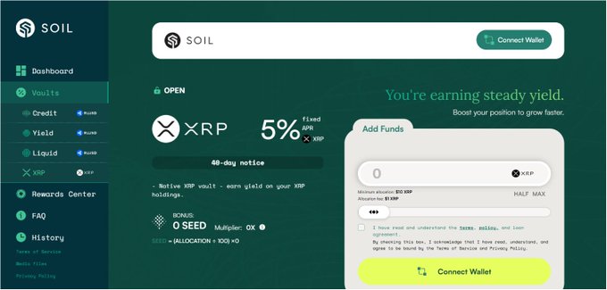 The image shows a desktop computer screen displaying information related to digital currency, specifically etherium (ETH). There are two prominent elements on the screen - an XRP wallet with its details displayed, including 5% fixed APR, and the XRPL, which is a wallet for ETH transactions. The post mentions that SOIL's XRP Vault offers earning steady yield without the need to wrap or bridge Ethereum transactions. This suggests that XRP's native fiat backing can provide a stable and efficient method of earning Etherium in today's digital currency landscape.