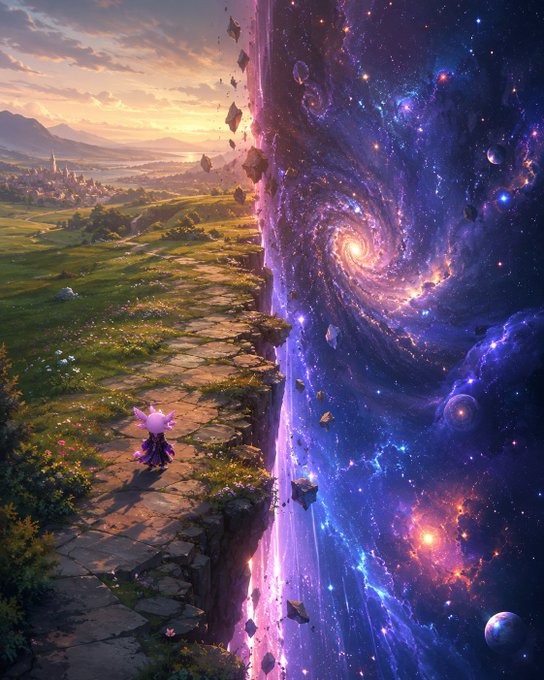 A fantasy artwork depicting a small character standing on a grassy cliff edge beside a swirling, vibrant cosmic galaxy and floating debris.