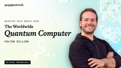 A Quantum Network advertisement featuring a man in a black shirt with the text 'QUANTUM TALES · EPISODE 2026', 'The Worldwide Quantum Computer', and 'DELTON DILLON'.
