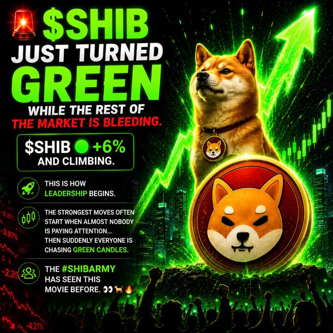 The image is a promotional crypto graphic featuring a Shiba Inu dog alongside a "$SHIB" coin, with bold green text announcing "$SHIB JUST TURNED GREEN WHILE THE REST OF THE MARKET IS BLEEDING," "$SHIB +6% AND CLIMBING," and messaging about "leadership begins" and the "#SHIBArmy" having "seen this movie before," set against a backdrop of a rising green arrow and a crowd scene.

The visual directly illustrates the accompanying post by depicting $SHIB's outperformance versus a bleeding market, using the upward arrow and green gains to reinforce the narrative of unexpected leadership emerging before broader attention.