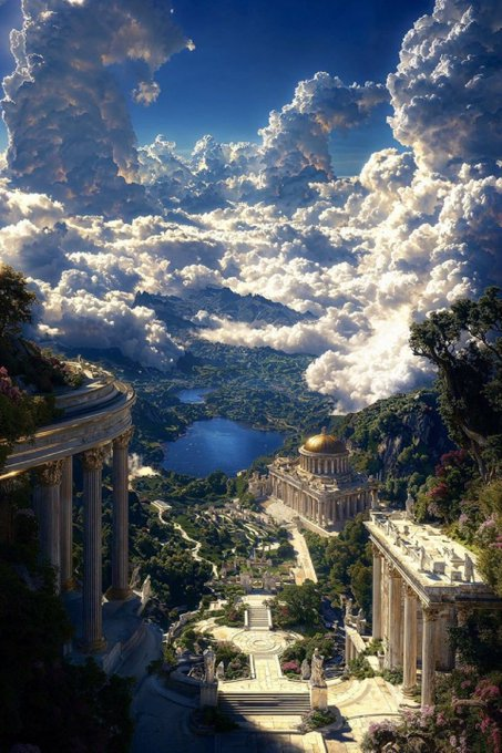 A fantastical, classical Greek-inspired citadel perched atop lush green mountains with golden domes, marble columns, and a serene lake below—evoking a paradisiacal civilization untouched by the chaos of Crypto Twitter. The pristine, otherworldly setting mirrors a crypto landscape free from the noise, scams, and tribalism that CT often brings, suggesting an idealized ecosystem where projects could flourish in peace.