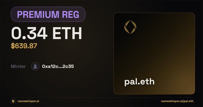A premium registration screen shows '0.34 ETH' ($639.87) for the domain 'pal.eth' with a minter address and namewhisper.ai branding.