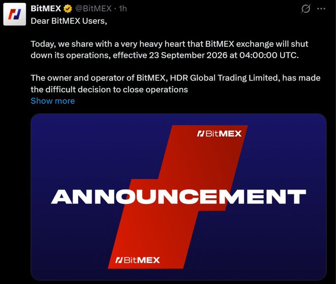 BitMEX Twitter/X announcement stating that the BitMEX cryptocurrency exchange will shut down operations effective 23 September 2026 at 04:00:00 UTC, with operator HDR Global Trading Limited making the decision to close.