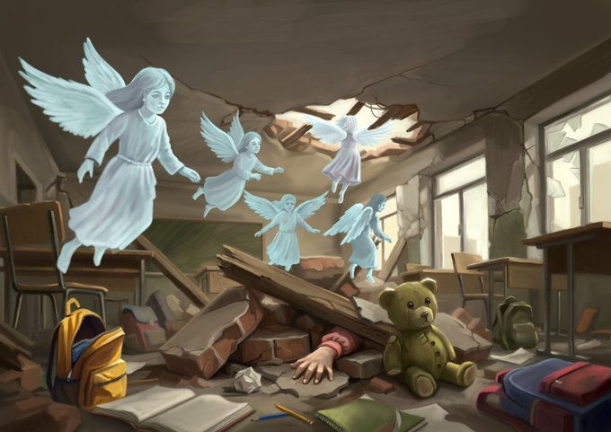 A damaged classroom with ethereal angel figures floating among shattered desks, rubble, and scattered belongings including a teddy bear, books, and a backpack, with a human hand protruding from the debris. The post's mention of buying art and observing a Sabbath spending break relates thematically to the image's surreal, transcendent atmosphere, contrasting material acquisition with spiritual reflection.