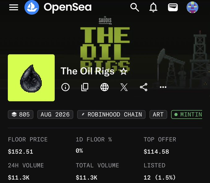 The image shows an OpenSea NFT collection page for "The Oil Rigs" by SAUDIS, displaying a floor price of $152.51, 24H volume of $11.3K, and 805 total items on the Robinhood Chain, with a "MintIn" status indicator suggesting new availability for purchasing.