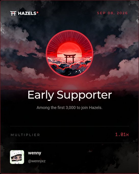 A digital badge from "HAZELS" dated "SEP 08, 2026" designating the user as an "Early Supporter," featuring a red circular graphic of a torii gate over waves and clouds.