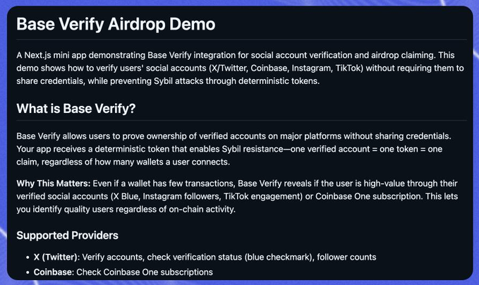 The image displays a screenshot of an article with blue text, most likely from a website or blog about Base Verify Airdrop Demo. The title "Base Verify Airdrop Demo" is prominently displayed at the top of the image. The text on the screen provides information about the demonstration and its purpose for users to securely verify their account information through the Airdrop application.