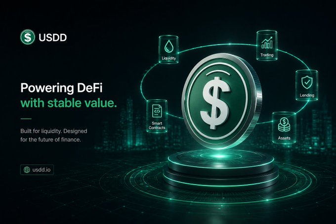 A promotional graphic for "USDD" stablecoin with the text "Powering DeFi with stable value" and "Built for liquidity. Designed for the future of finance," featuring a 3D dollar coin connected to icons for Liquidity, Trading, Lending, Smart Contracts, and Assets.