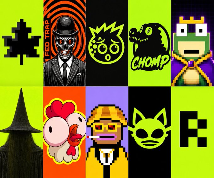 A grid of ten square graphic designs on green, black, and orange backgrounds featuring various pop culture and crypto icons, including a pixelated tree, a skull in a top hat labeled "FED TRAP", an angry face emoji, a dinosaur with "CHOMP", a pixelated king character, a witch silhouette, a chicken, a pixelated figure smoking, a cat alien, and the letter "F".