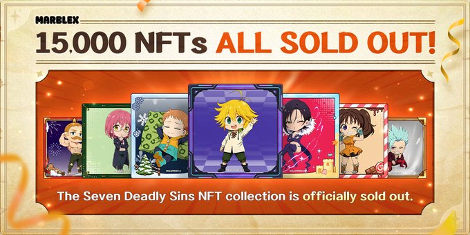 A promotional banner from MARBLEX announcing '15,000 NFTs ALL SOLD OUT!' featuring chibi-style anime characters from The Seven Deadly Sins NFT collection.
