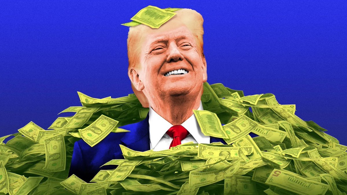 An illustration depicts a smiling Donald Trump in a blue suit and red tie, appearing to emerge from or be buried under a massive pile of US dollar bills against a solid blue background.